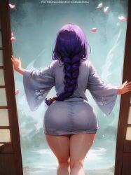 1girls ai_assisted ai_generated ass bare_legs braid braided_ponytail curvy erotic_nansensu floral_print from_behind genshin_impact japanese_clothes kimono light-skinned_female long_hair onsen patreon_username petals purple_hair raiden_shogun single_braid sliding_doors solo thick_thighs wet yukata