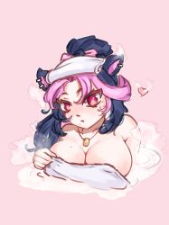 1girls animal_ears big_breasts blue_hair cleavage clothing female female_focus female_only highres hispanic_virtual_youtuber indie_virtual_youtuber latam_virtual_youtuber light-skinned_female light_skin long_hair looking_at_viewer mole mole_on_breast mole_under_eye mole_under_mouth panther_girl pink_eyes pink_hair ponytail shura_hiwa simple_background steam steam_clouds towel towel_on_head towel_only towel_over_breasts two_tone_hair virtual_youtuber vjin vtuber vtuberfanart