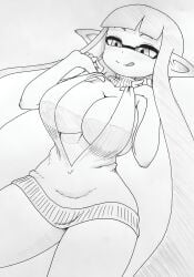 1girls black_and_white blush breasts cleavage grayscale greyscale hi_res hourglass_figure inkling inkling_girl licking_lips long_hair medium_breasts nintendo nobunagapero peronattu pulling_clothing simple_background sketch solo splatoon splatoon_(series) sweater sweater_only teasing tentacle_hair thighs upscaled virgin_killer_sweater white_background