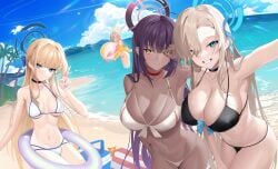 4girls absurdres akane_(blue_archive) alternate_costume armpits asuna_(blue_archive) ball beach beach_ball bikini blue_archive blush breasts breasts_apart choker cleaning_&_clearing_(blue_archive) cleavage collarbone dark-skinned_female dark_skin female female_only fingernails halo highres innertube karin_(blue_archive) large_breasts looking_at_viewer medium_breasts millennium_science_school_student multiple_girls nail_polish navel outdoors palm_tree selfie shibasoda sideboob smile stomach string_bikini swim_ring swimsuit toki_(blue_archive) tree v wading