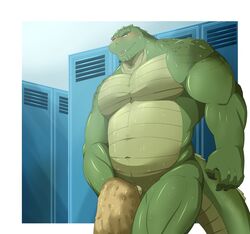 alligator anthro blush crocodilian locker_room male male_only musclegut muscular navel nude penis reptile rikitsu scalie solo standing sweat towel