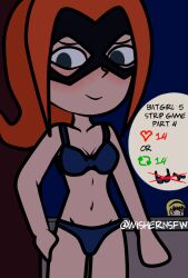 barbara_gordon bikini blue_eyes blush bra breasts dc dc_comics kara_danvers kara_zor-el panties partially_clothed red_hair simple_background strip_game supergirl underwear undressing wishernsfw