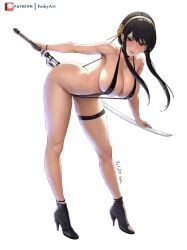 1girls ass assassin bent_over big_breasts black_hair breasts cleavage feikyart female female_human full_body human large_breasts light-skinned_female mature_female sling_bikini solo spy_x_family standing sword tagme thorn_princess white_skin yor_briar yor_forger