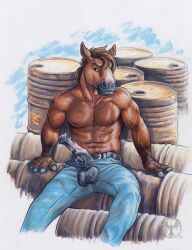 2015 animal_genitalia animal_penis anthro balls barrel belt biceps bottomwear brown_hair clothed clothing construction_worker denim denim_bottomwear denim_clothing equid equine equine_genitalia equine_penis erection fingers genitals grin hair hair_over_eye hooved_fingers hooves horse jeans looking_at_viewer male mammal manly medial_ring muscular navel neverwolf nipples oil_drum one_eye_obstructed open_bottomwear open_clothing open_pants pants pecs penis sitting smile solo topless triceps vein veiny_muscles