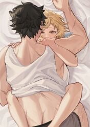 1boy 1girls back black_hair blonde_hair blush boy_on_top cuddling ear_piercing genshin_impact implied_sex lumine_(genshin_impact) lying muscular on_bed scars sex spread_legs stars4993 straight wriothesley_(genshin_impact)