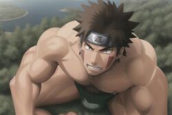 brown_hair bulge flaccid forest_background giant growth headband huge inuzuka_kiba macro male_only muscle muscle_growth naruto naruto_(series) ninja solo solo_male underwear