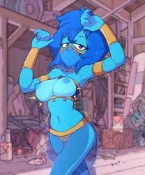 2022 armpit armpits arms_up blue_body blue_eyes blue_hair blue_skin breasts cartoon_network female female_focus female_only gametimeasia gem_(species) harem_outfit lapis_lazuli_(steven_universe) nipples see-through see-through_clothing short_hair steven_universe thighs veil