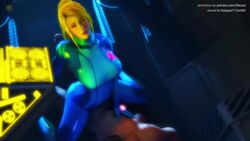 1boy 1girls 3d animated big_breasts blonde cowgirl_position dead_or_alive female girl_on_top kalypsofx latex male metroid nintendo ponytail samus_aran sarah_bryant secazz sex sound source_filmmaker straight video zero_suit zero_suit_samus