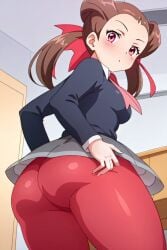 ai_generated ascot ass_focus big_ass blush busty creatures_(company) curvy female female_only from_behind game_freak hi_res highres human looking_back nintendo pantyhose pokemon pokemon_(game) pokemon_rse pokemon_trainer ribbons roxanne_(pokemon) school_uniform seraphim_ai side_view skirt smile solo spandex stable_diffusion tights uniform