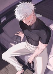 1boy bed bedroom blush clothed clothing compression_shirt condom condom_wrapper cover_page ebina_sa jujutsu_kaisen looking_at_viewer male male_only muscular muscular_male perspective satoru_gojo sitting sitting_on_bed smile smiling smiling_at_viewer solo sweat sweatdrop sweating tongue tongue_out white_hair