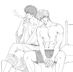 2boys abs after_sex awu925925 blush boxers cigarette embarrassed gay gintama gintoki_sakata hickey hickey_marks hijikata_toshiro kimono male male_only monochrome muscular muscular_male on_bed sitting smile smoking strawberry_print topless wearing_others_clothes yaoi