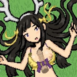 1girls alternate_version_available antlers bikini_top breasts_out cygames deer_antlers deer_girl dragalia_lost female kosmic91 long_hair lying_on_ground nintendo open_mouth paizuri penis pixel_art purple_eyes straddling_paizuri titjob xuan_zang_(dragalia_lost)