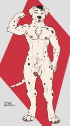 1boy anthro balls canid canine canis dalmatian delta_dewitt digital_media_(artwork) domestic_dog fur genitals hair hi_res male male_only mammal markings muscular nipples nude penis simple_background smile solo solo_male spots spotted_body white_body white_fur