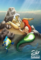 2girls alx_(fuckit) anklet ariel atlantean atlantis:_the_lost_empire barefoot breasts closed_eyes closed_mouth company_connection completely_nude completely_nude_female crossover dark-skinned_female dark_skin day disney disney_princess earrings female female/female female_focus female_only fingering fish fish_girl flounder green_tail half-closed_eyes interracial interracial_yuri jewelry kida large_breasts lips lipstick long_hair looking_at_another masturbation medium_breasts mermaid mermaid_tail monster_girl multiple_females multiple_girls necklace nipples no_bra no_panties nude nude_female ocean outdoors outside pussy red_hair smile the_little_mermaid toes topless topless_female water white_hair yuri