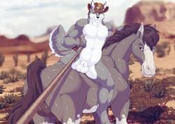 animal_genitalia anthro balls canid canine canis clothing duo equid equine feral first_person_view fully_sheathed furryratchet genitals hat headgear headwear hi_res horse lasso looking_at_viewer male mammal muscular outside sheath smile wolf