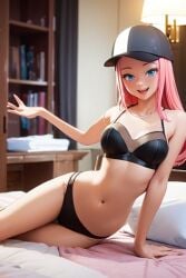 1girls ai_generated bedroom blue_eyes cap cute egirl female foamstars hat light-skinned_female long_hair looking_at_viewer nude_female on_bed owo_ialeo petite pink_hair seductive_look skinny slim smile soa_(foamstars) straight_hair teenager