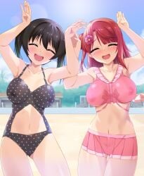 2girls ass_visible_through_thighs bikini bikini_skirt black_hair blue_sky blush bodypaint breasts brown_hair bunji closed_eyes completely_nude flower gradient_hair green_hair hair_flower hair_ornament hands_up highres large_breasts love_live! love_live!_nijigasaki_high_school_idol_club multicolored_hair multiple_girls nervous nipples nude one-piece_swimsuit open_mouth painted_clothes pink_bikini polka_dot polka_dot_swimsuit pussy rabbit_pose sky smile sun sweatdrop swimsuit takasaki_yuu twintails uehara_ayumu