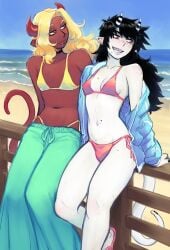 1dickgirl 1girls beach bikini black_hair blonde_hair breasts bulge bulge_through_clothing chloe_(ittla) clothed clothing dark-skinned_female dark_skin demon demon_girl detailed_background dickgirl female futanari horns humanoid ittla long_hair mona_(ittla) mostly_nude public red_eyes red_skin small_breasts standing swimsuit white_skin