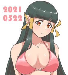 1girls arcana_heart big_breasts bikini black_hair breasts brown_eyes busty cleavage female female_only highres kasuga_maori large_breasts long_hair looking_at_viewer o-ring o-ring_bikini pink_bikini smile solo swimsuit very_long_hair