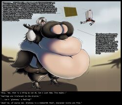 bbw belly blindfold breasts breasts_bigger_than_head clothing debulover english_text fat huge_belly huge_breasts hyper_belly light-skinned_female light_skin morbidly_obese nier nier:_automata obese overweight pod_(nier) short_hair ssbbw standing text thighhighs white_hair yorha_2b