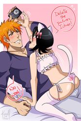 1boy 1girls ass black_hair bleach blush bra camera cat_ears dangerousbride duo female ichigo_kurosaki karoll_ann kuchiki_rukia orange_hair panties short_hair smile straight tail text underwear