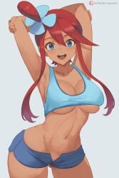 1girls armpits arms_behind_head artist_name bare_shoulders blue_eyes breasts collarbone creatures_(company) dark-skinned_female dark_skin game_freak hair_ornament highres large_breasts looking_at_viewer navel nintendo open_mouth patreon_username pokemon pokemon_bw red_hair short_shorts shorts simple_background skyla_(pokemon) teeth thick_thighs thighs tongue upper_teeth_only zelc-face