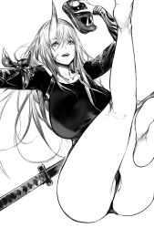 alternate_version_available anus_peek arknights enpix horn hoshiguma_(arknights) monochrome