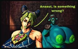 2girls 3d 3d_(artwork) ass big_breasts blue_skin breasts female gigantic_breasts green_hair green_nipples huge_ass jojo's_bizarre_adventure jolyne_kujo josuke_sp71_(artist) larger_female question sfm size_difference source_filmmaker stand stone_free thick_thighs