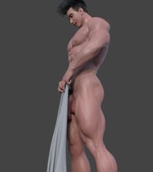 1boy 1human 1male 3d 3d_(artwork) 3d_model asian bara bara_tiddies bara_tits black_hair brown_eyes covering covering_crotch flaccid flaccid_cock flaccid_penis gray_background hung light-skinned_male light_skin male male_focus male_only masculine oc original original_character pubic_hair qzla4 solo solo_focus solo_male towel_only