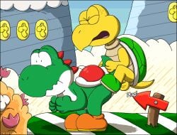 2000s_and_2010s_style 2023 2boys anal anal_sex animated anthro balls bent_over bodily_fluids brown_clothing brown_footwear closed_eyes clothing detailed_background erection footwear from_behind from_behind_position gay genitals green_body green_koopa_troopa green_shell green_yoshi hi_res koopa koopa_troopa loop male male/male male_only mario_(series) nintendo open_mouth penetration penile penile_penetration penis penis_in_ass perching_position protagonistsub_antagonistdom questionable_consent scalie sex shell sound_effects sweat text tongue yaoi yellow_balls yellow_body yellow_penis yoshi yoshi's_island zandermanith