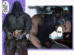 1boy after_sex arm_hair bandana bandana_over_mouth belt_unbuckled do_not_repost fingerless_gloves happy_trail long_hair long_hair_male male male_only merchant merchant_(resident_evil) muscular muscular_male pulling_up_pants resident_evil resident_evil_4 satisfied solo solo_male sweat tied_hair umikochannart