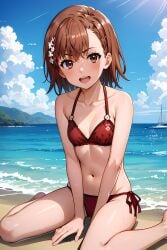 ai_generated beach bikini brown_eyes brown_hair hentai_world misaka_mikoto red_bikini sea seaside small_breasts smile to_aru_kagaku_no_railgun to_aru_majutsu_no_index