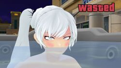 1girls blue_eyes blush drunk hot_tub nude_female rwby theblackbirdcalls wasted weiss_schnee white_hair white_hair_female