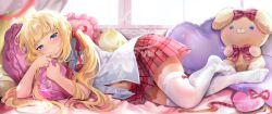 1girls alice_vu bed blonde_hair blue_eyes breasts button_down_shirt cute female female_only hair_ribbon huniepop laying_on_bed looking_at_viewer navel on_bed pillow plaid_skirt red_skirt school_uniform shirt skirt small_breasts solo stuffed_animal thighhighs tiffany_maye twintails white_shirt window