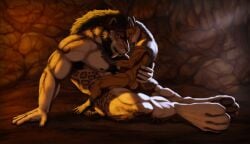 2022 5_fingers anthro biped black_body black_fur brown_body brown_fur canid canine cave closed_eyes colored duo felid fingers fox from_front_position fur hi_res intimate larger_anthro larger_male liraelwolf male male/male mammal mastery_position nude on_lap saber-toothed_tiger sex size_difference smaller_anthro smaller_male