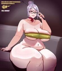 1girls areolae big_breasts bottomless cleavage crystalcheese curvaceous curvy curvy_female curvy_figure female female_only glasses hair_bun large_breasts lipstick looking_at_viewer looking_back mature mature_female mature_woman navel prison_school shiraki_meiko solo solo_female solo_focus thick_ass thick_thighs thighs voluptuous voluptuous_female white_hair wide_hips yellow_eyes