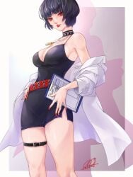 1girls belt black_dress black_hair breasts choker clipboard dress female holding_clipboard labcoat large_breasts lipstick looking_at_viewer makeup nail_polish necklace painted_fingernails persona persona_5 qoo1234 red_eyes red_lipstick red_nails short_hair solo studded_choker tae_takemi thigh_strap thighs