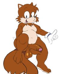 3_toes adventures_of_sonic_the_hedgehog anthro balls bangs barefoot brown_fur chubby dipstick_tail erect feet foreskin gloves hairy_balls heels huge_cock male_only moobs mostly_nude navel nokemop open_mouth penis pointing sagging_balls smile soles sonic_(series) tails toe_claws toes two_tone_fur uncut white_background white_countershading