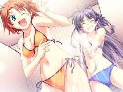 2girls bare_shoulders bath bikini braid breasts brown_hair clenched_teeth game_cg green_eyes grin happy hasumi_ichino legs long_hair multiple_girls open_mouth orihara_natsumi pulltop purple_hair shower smile standing swimsuit takeya_masami te_to_te_try_on teeth thighs wince