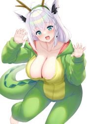 barefoot blush claw_pose cleavage cute dragon_onesie hololive hololive_gamers hololive_gen_1 hololive_japan huge_breasts onesie rawr shirakami_fubuki simple_background uehiro virtual_youtuber white_background