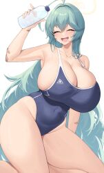 1girls abydos_high_school_logo_(blue_archive) abydos_high_school_student aqua_eyes aqua_hair blue_archive breasts female hi_res hips huge_breasts huge_cock kuavera large_breasts light-skinned_female light_skin long_hair simple_background student_council_president swimsuit thick_thighs thighs wide_hips yume_(blue_archive)