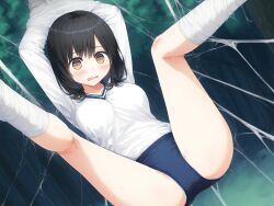 ai_generated black_hair blue_buruma blush bondage brown_eyes buruma caught embarassed female forest gym_clothes gym_uniform long_sleeves medium_hair nervous open_mouth panties predicament_bondage restrained spider_web spread_legs suspended suspended_in_midair sweat web_bondage webbing white_panties white_shirt