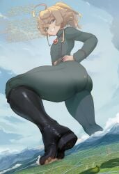 1girls ai_generated boots dspaceous english_text explosion giantess landscape military_uniform mountain riding_boots solo solo_female tanya_degurechaff youjo_senki