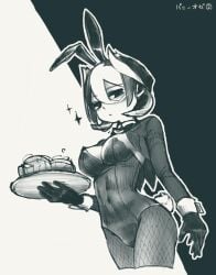 bunny_ears bunny_girl bunny_tail bunnysuit cc_mimim cleavage cropped_jacket expressionless fake_animal_ears female female_only fishnets hair_between_eyes looking_at_viewer made_in_abyss medium_breasts monochrome ozen playboy_bunny serving_food short_hair solo tray two_tone_hair