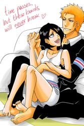 1boy black_hair bleach dangerousbride female happy holding_hands ichigo_kurosaki karoll_ann kuchiki_rukia lgbt_pride orange_hair pride_colors smaller_female