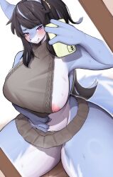 1girls 4_fingers absurd_res anthro anthro_only bangs big_breasts black_hair blue_hair blue_highlights blush blushing breasts canid canine canis clothed clothing denyfake digital_media_(artwork) female female_focus female_only fingers fur hair hi_res kemono long_hair looking_at_viewer mammal meme meme_clothing nipple nipple_slip nipples ookami-chan_(kim_3022) phone ponytail purple_eyes selfie simple_background solo solo_female sweat sweatdrop sweater sweating topwear two_tone_fur virgin_killer_sweater wolf wolf_girl wolf_tail