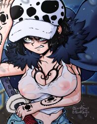 1girls black_hair female female_only genderswap_(mtf) hat large_breasts light-skinned_female lordguyis nipples nipples_visible_through_clothing one_piece rule_63 see-through_clothing see-through_shirt short_hair solo tank_top tattoo tattoo_on_chest tattoos trafalgar_law trafalgar_law_(female) wet_clothes wet_shirt wet_skin yellow_eyes