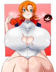 2024 blue_eyes breasts breasts_bigger_than_head chibi cleavage_cutout color digital_drawing_(artwork) gigantic_breasts huge_breasts hyper_breasts large_breasts light-skinned_female looking_at_viewer massive_breasts nipple_bulge nora_valkyrie odakubara orange_hair red_hair rooster_teeth ruby_rose rwby short_hair tagme thick_thighs thighs wide_hips