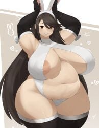 1girls agnes_oblige armpits arms_above_head arms_up bangs bbw bottom_heavy bravely_default bravely_default:_flying_fairy bravely_default_(series) breasts brown_hair bunny_ears bunnysuit chubby chubby_female commission dark_brown_hair gloves huge_breasts human large_areolae light_skin long_hair looking_at_viewer nipples nipples_visible_through_clothing overweight overweight_female simple_background smile solo square_enix stackydraws standing thick_thighs thighhighs tummy wide_hips