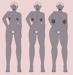 1girls after_transformation areolae athorment big_breasts breasts dark-skinned_female drow earrings elf elf_female freckles_on_face naked nipples nude pubes red_eyes scar solo_female tagme transformation transformation_sequence white_hair wide_hips